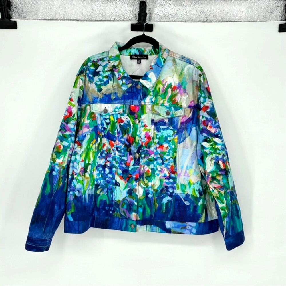 Claire Desjardins Watercolor Print Cropped Button Front Jacket - Plus Size 2X
